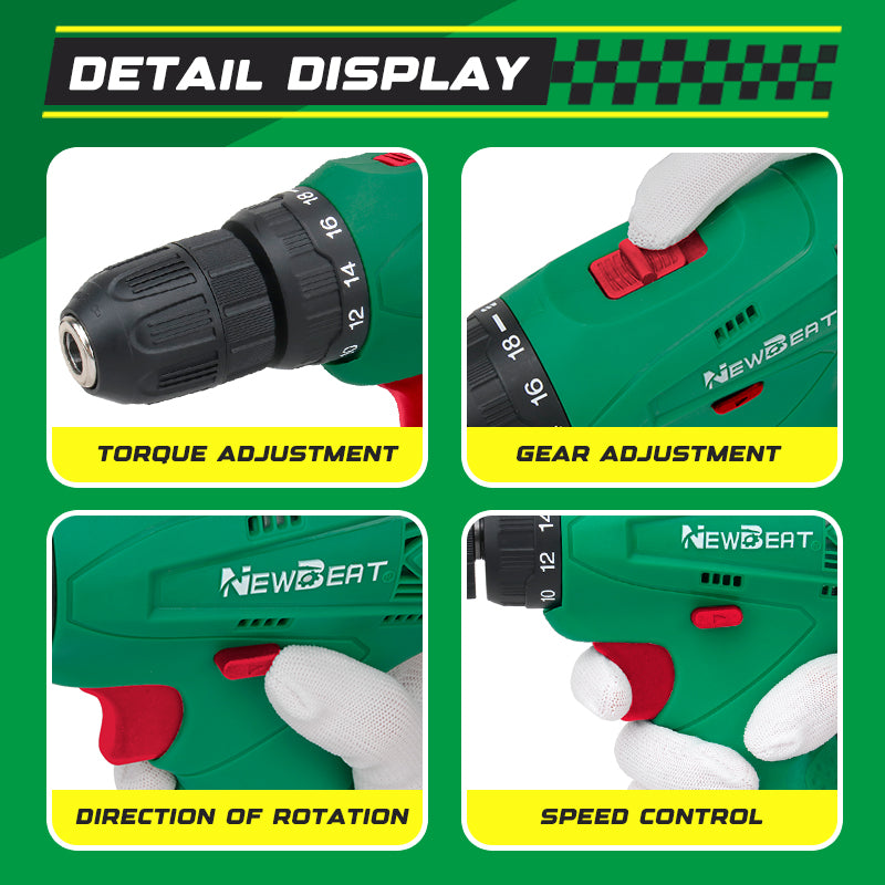 NewBeat 12V 3/8 Variable Speed 18+1 Torque 20N.m Cordless Drill Set with 1 Battery & 1 Charger