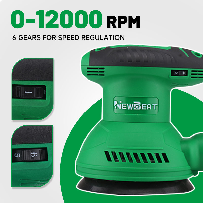 NEWBEAT Random Orbit Sander with Dust Bag, 320W Electric Sander, 12000 OPM, Anti-Vibration, Rubberized Handle, Ideal for Wood, Metal, and Finish Work