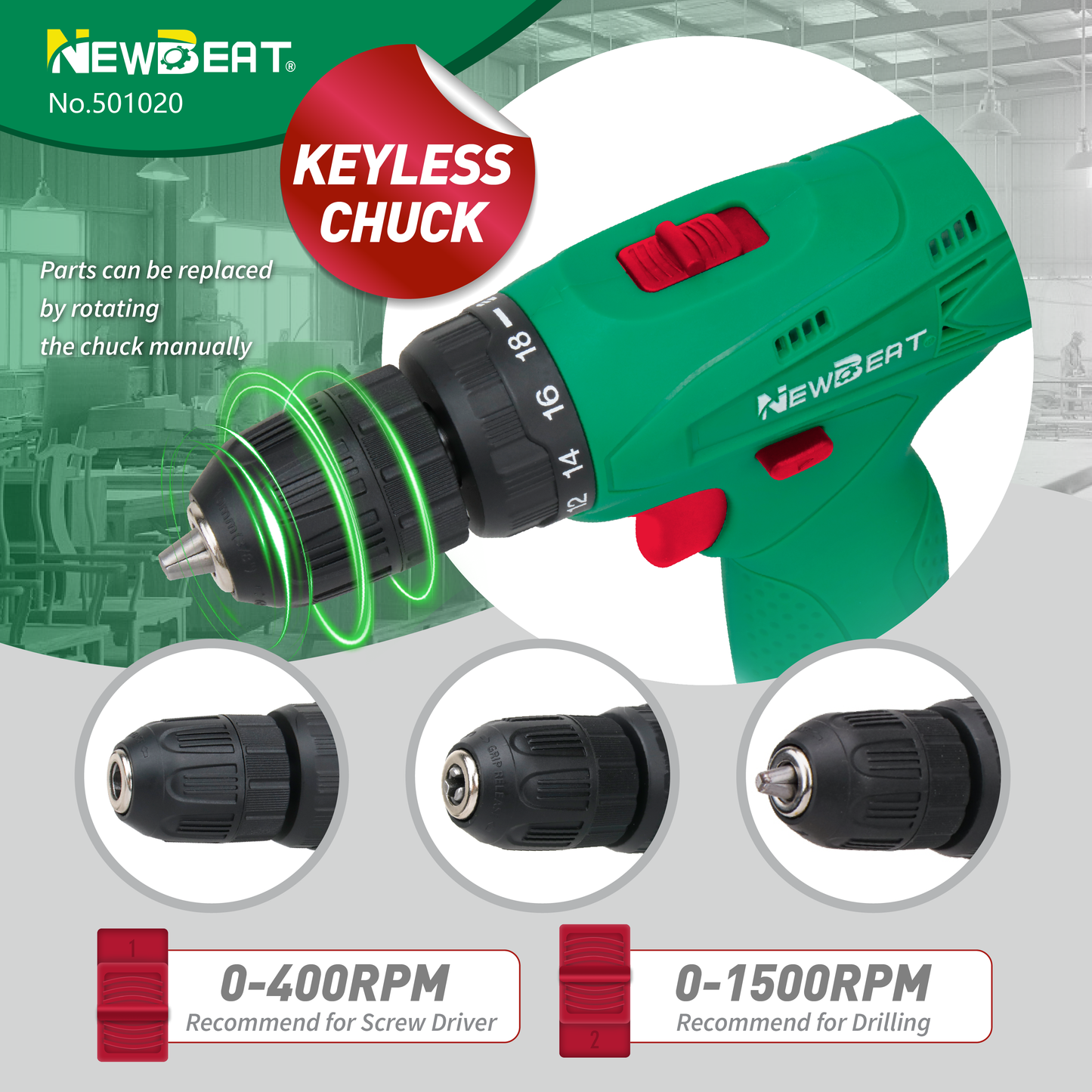 NewBeat 12V 3/8 Variable Speed 18+1 Torque 20N.m Cordless Drill Set with 1 Battery & 1 Charger