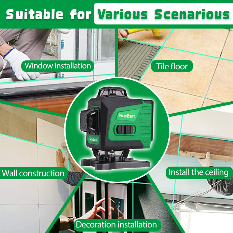 NEWBEAT 16-Line 3D Laser Level Tool, 360° Horizontal/Vertical Lines, Auto-Leveling with Tilt Alarm, Remote Control - Ideal for Construction, Ceiling, Tile & Renovation