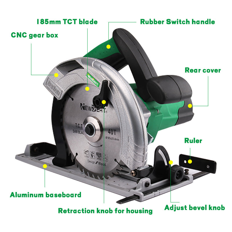 NEWBEAT 1450W Electric Circular Saw, 185mm Blade, 4500RPM, Adjustable 45°/90° Bevel Angle, Lightweight 4.1kg Aluminum Base, Ideal for Wood Cutting