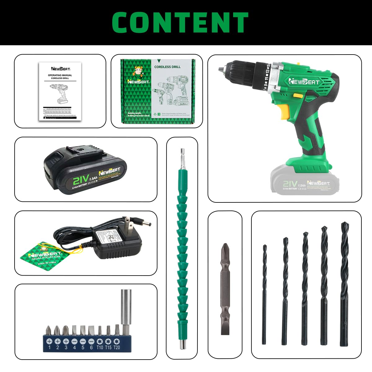 NEWBEAT Power Drill Set - 21V MAX Power Drill Driver, Electric Cordless Drill with Battery and Charger, 3/8" Keyless Chuck, 2 Variable Speed, 25+1 Torque Setting Power Tools for Home and DIY Project