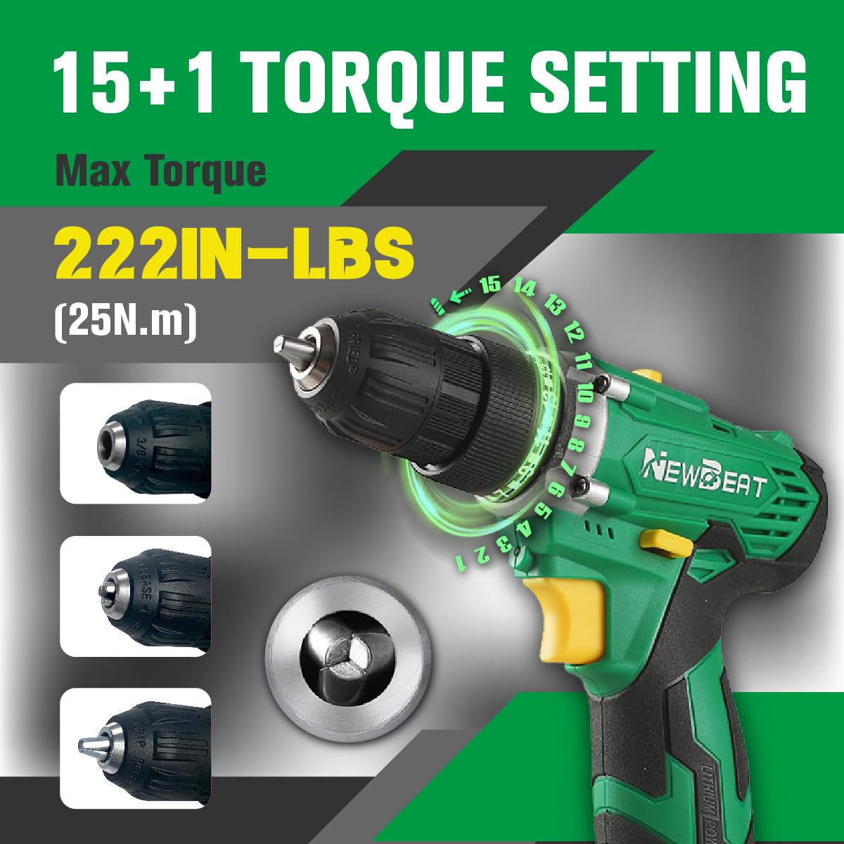 NEWBEAT Cordless Drill Set, 12V Power Drill Driver with 1 Battery and Charger, 3/8" Keyless Chuck, 2 Variable Speed, 15+1 Torque Setting, Drill Driver Kit for Home and DIY Project