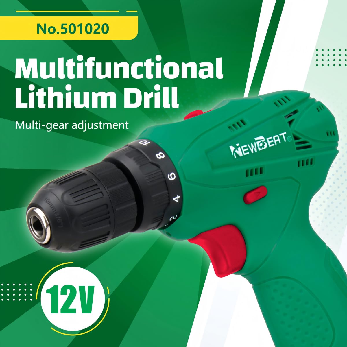 NEWBEAT Cordless Drill Set, 12V Power Drill Driver with Battery and Charger, 3/8" Keyless Chuck, 2 Variable Speed, 18+1 Torque Setting, Cordless Drill Driver Kit for Home and DIY Project