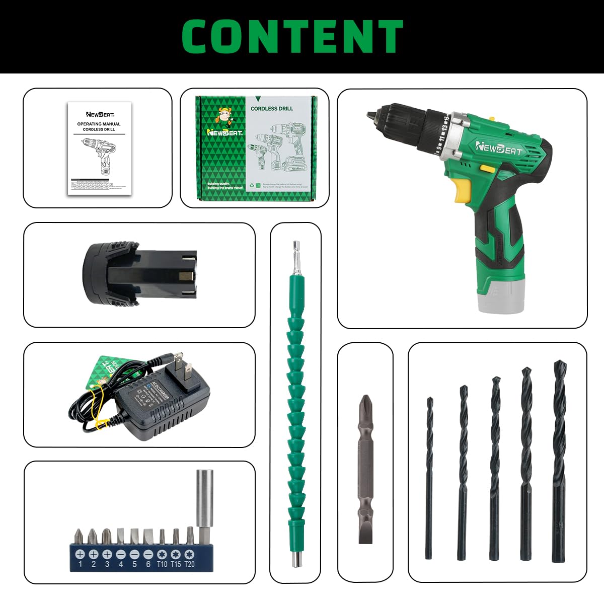 NEWBEAT Cordless Drill Set, 12V Power Drill Driver with 1 Battery and Charger, 3/8" Keyless Chuck, 2 Variable Speed, 15+1 Torque Setting, Drill Driver Kit for Home and DIY Project