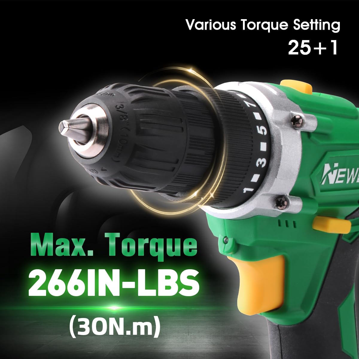 NEWBEAT Power Drill Set - 21V MAX Power Drill Driver, Electric Cordless Drill with Battery and Charger, 3/8" Keyless Chuck, 2 Variable Speed, 25+1 Torque Setting Power Tools for Home and DIY Project