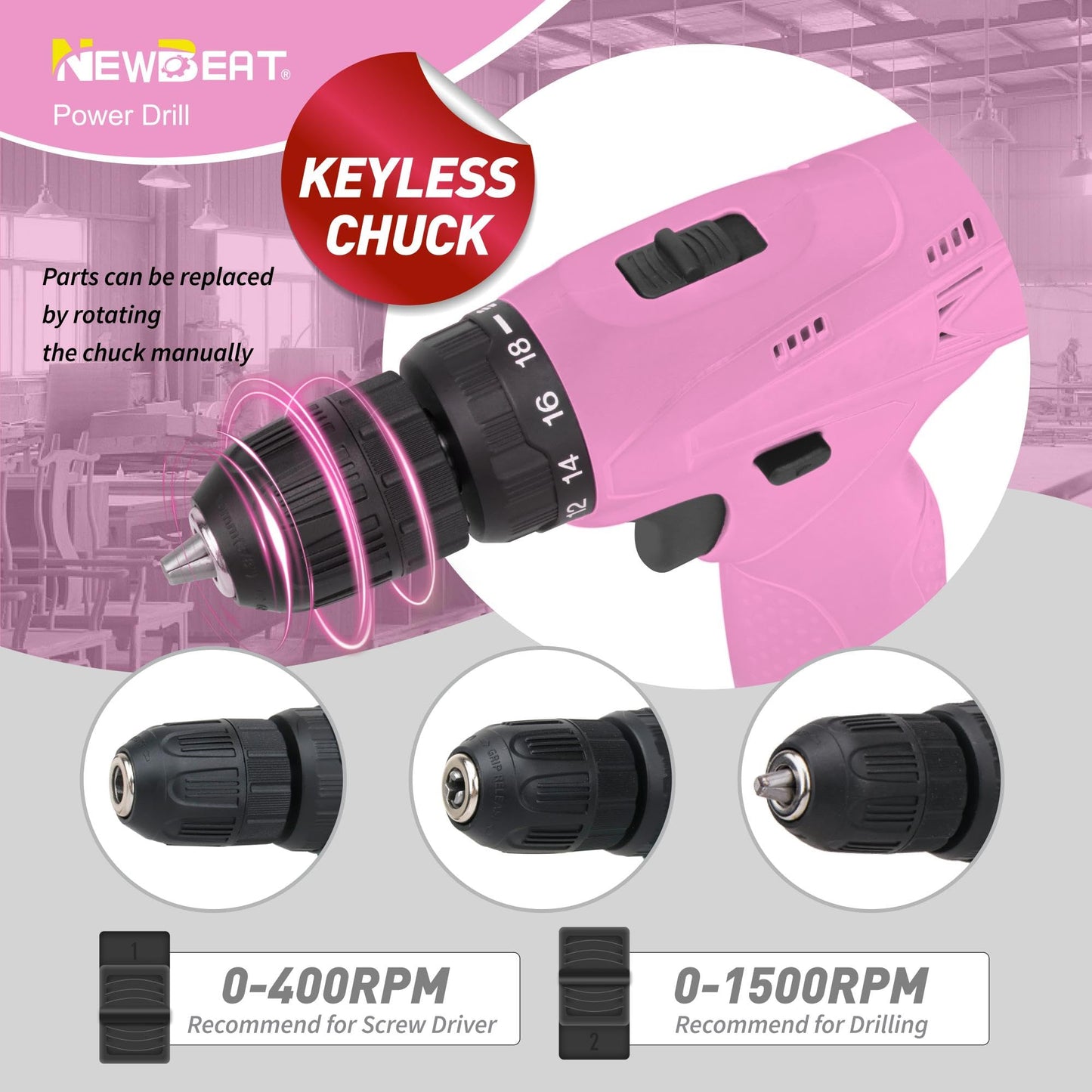 NEWBEAT Pink Cordless Drill Set - 12V Power Drill Cordless with Battery and Charger for Home Improvement, 3/8" Keyless Chuck, 2 Variable Speed, Electric Power Tools for Women DIY