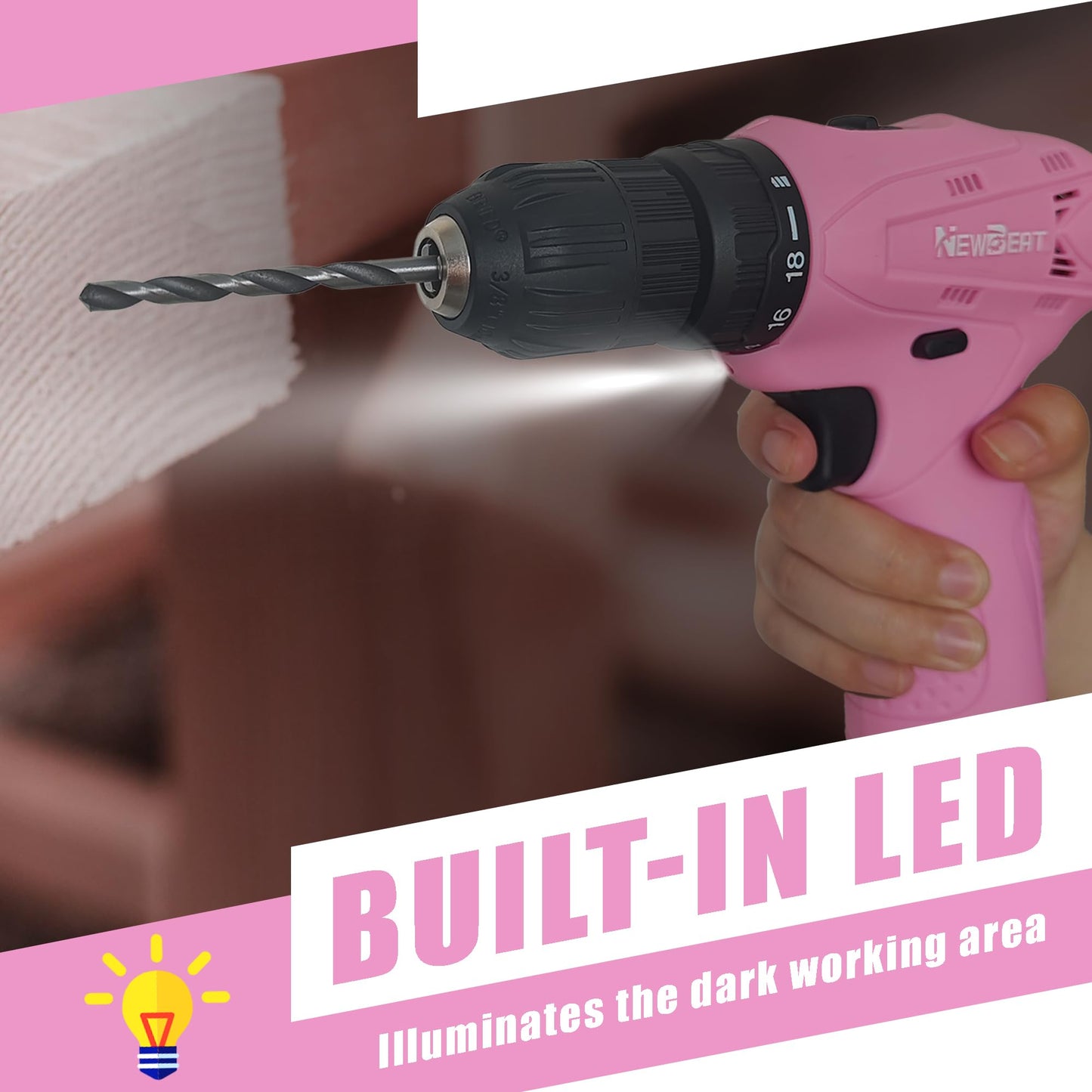 NEWBEAT Pink Cordless Drill Set - 12V Power Drill Cordless with Battery and Charger for Home Improvement, 3/8" Keyless Chuck, 2 Variable Speed, Electric Power Tools for Women DIY