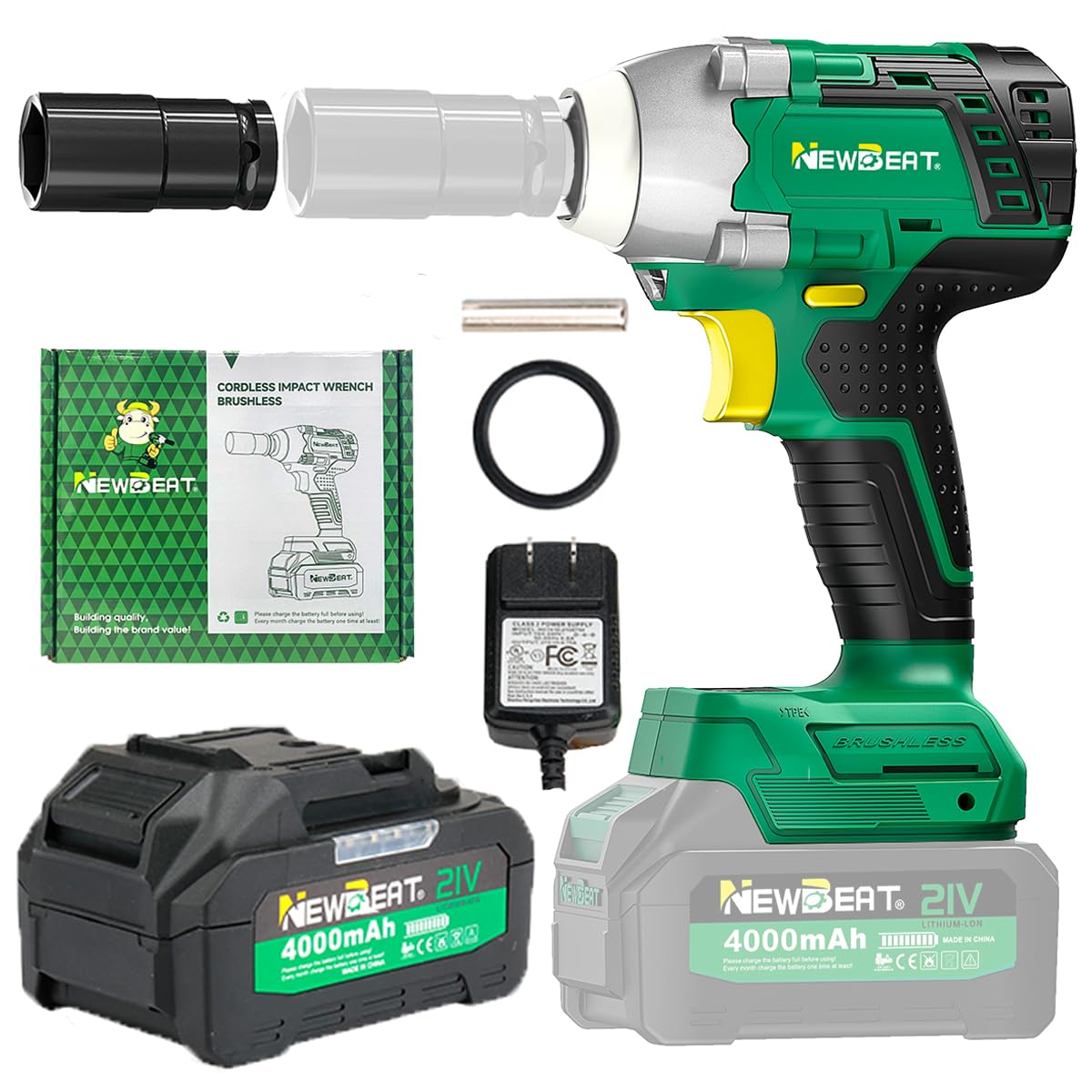 NEWBEAT Cordless Impact Wrench, 21V Brushless 1/2 inch Impact Wrench, Electric Impact Gun, Power Impact Driver with 4.0Ah Battery and Charger, Variable Speeds for Car, Home DIY, Tire Removal Tool