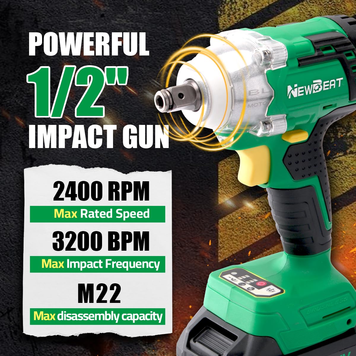 NEWBEAT Cordless Impact Wrench, 21V Brushless 1/2 inch Impact Wrench, Electric Impact Gun, Power Impact Driver with 4.0Ah Battery and Charger, Variable Speeds for Car, Home DIY, Tire Removal Tool