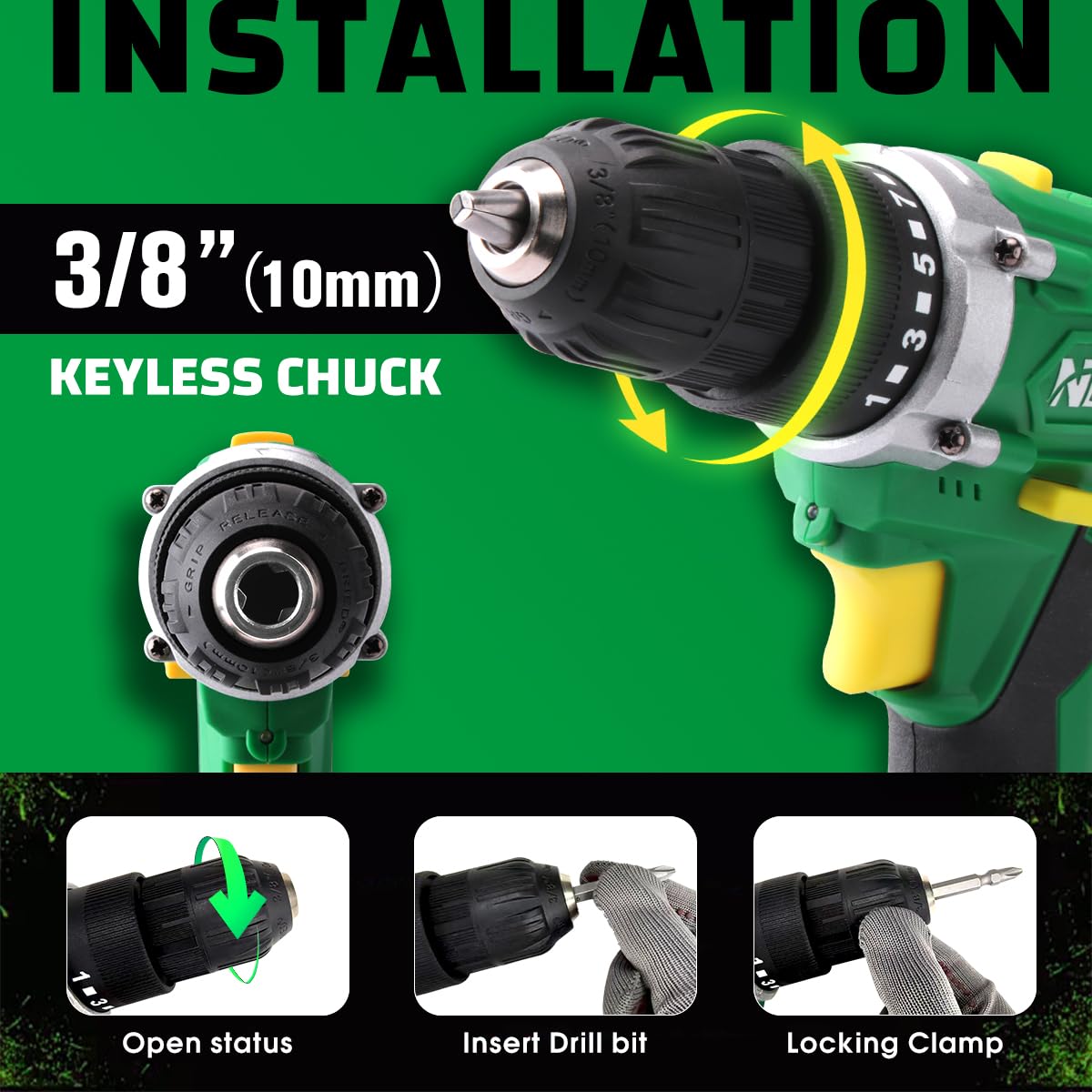 NEWBEAT Power Drill Set - 21V MAX Power Drill Driver, Electric Cordless Drill with Battery and Charger, 3/8" Keyless Chuck, 2 Variable Speed, 25+1 Torque Setting Power Tools for Home and DIY Project