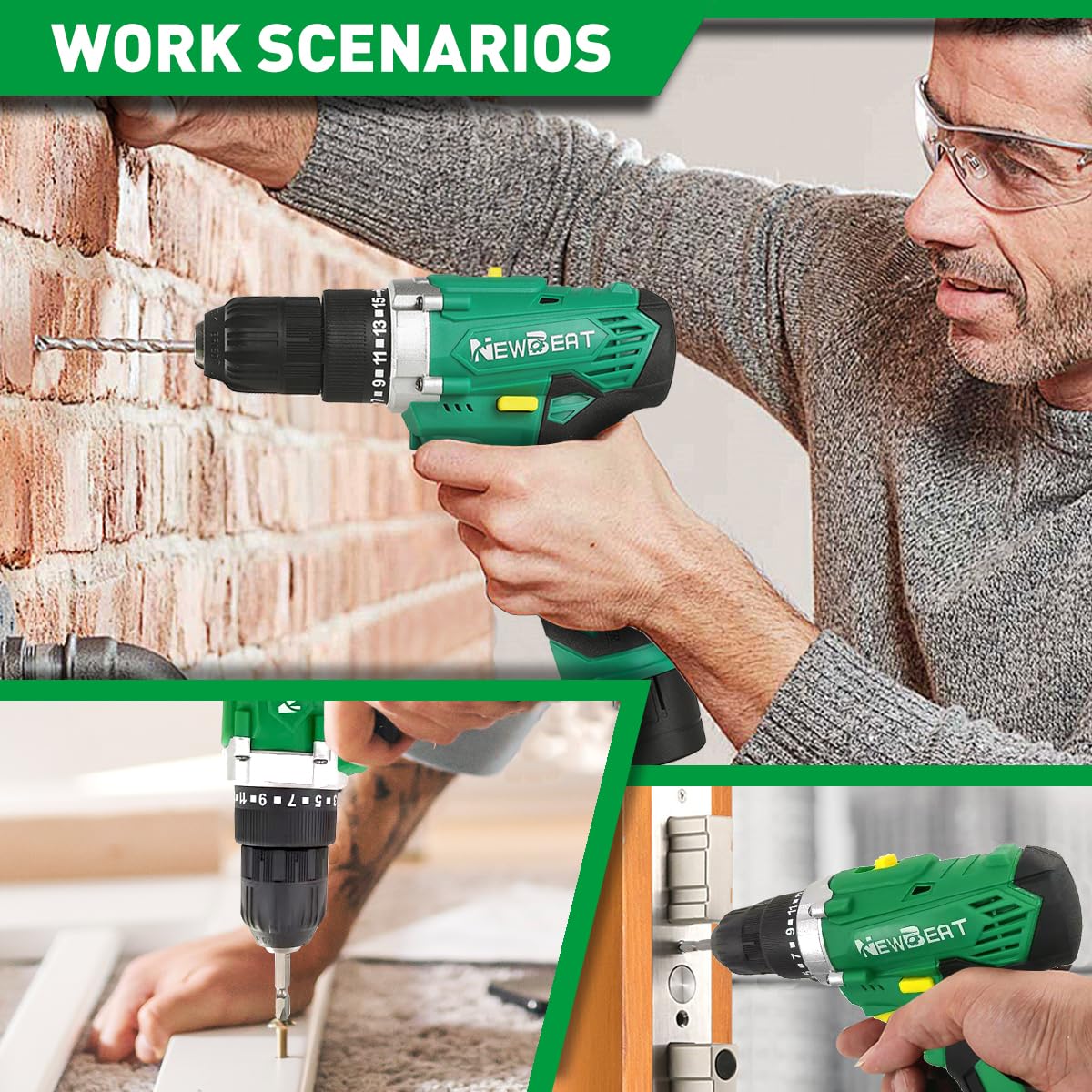 NEWBEAT Cordless Drill Set, 12V Power Drill Driver with 1 Battery and Charger, 3/8" Keyless Chuck, 2 Variable Speed, 15+1 Torque Setting, Drill Driver Kit for Home and DIY Project