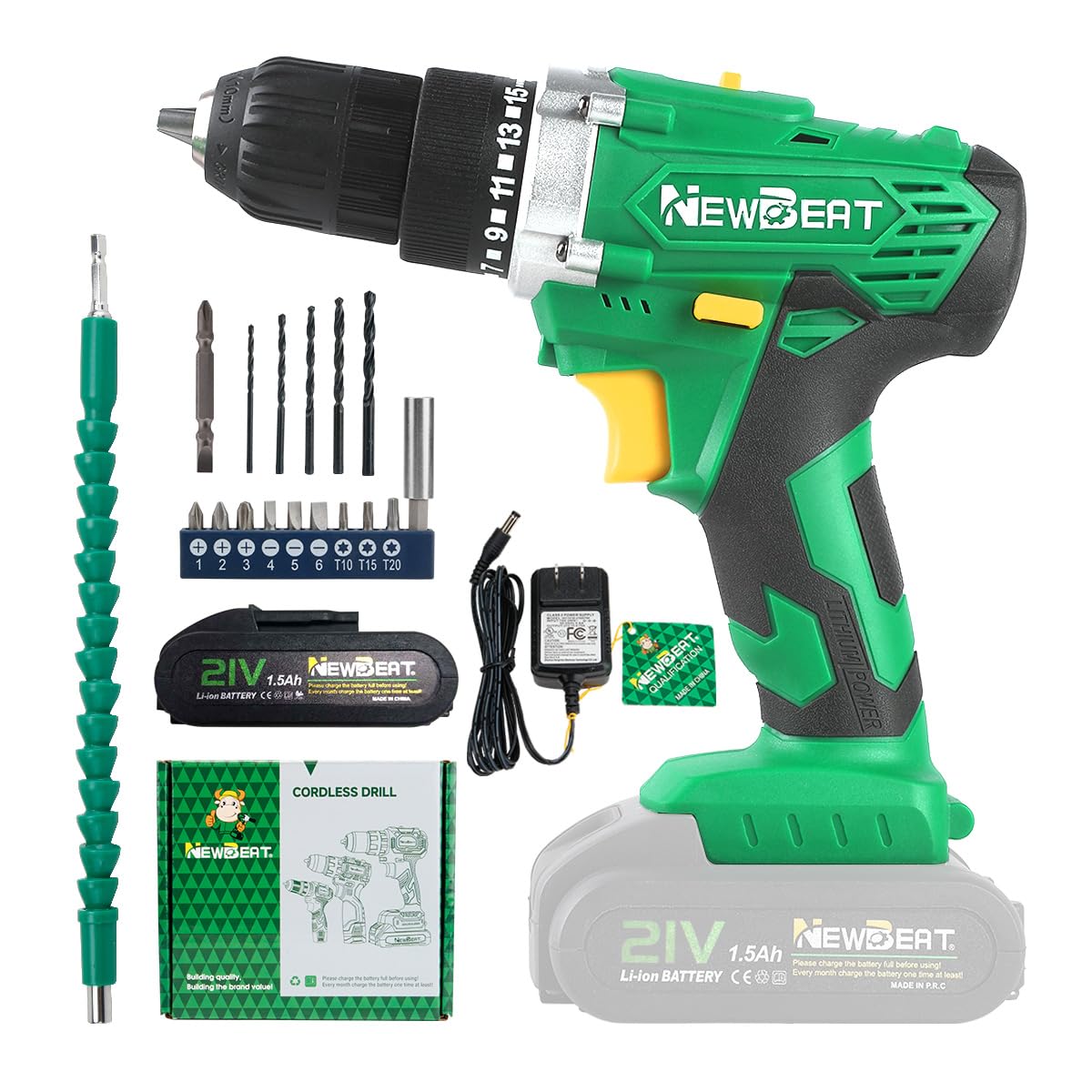 NEWBEAT Power Drill Set - 21V MAX Power Drill Driver, Electric Cordless Drill with Battery and Charger, 3/8" Keyless Chuck, 2 Variable Speed, 25+1 Torque Setting Power Tools for Home and DIY Project