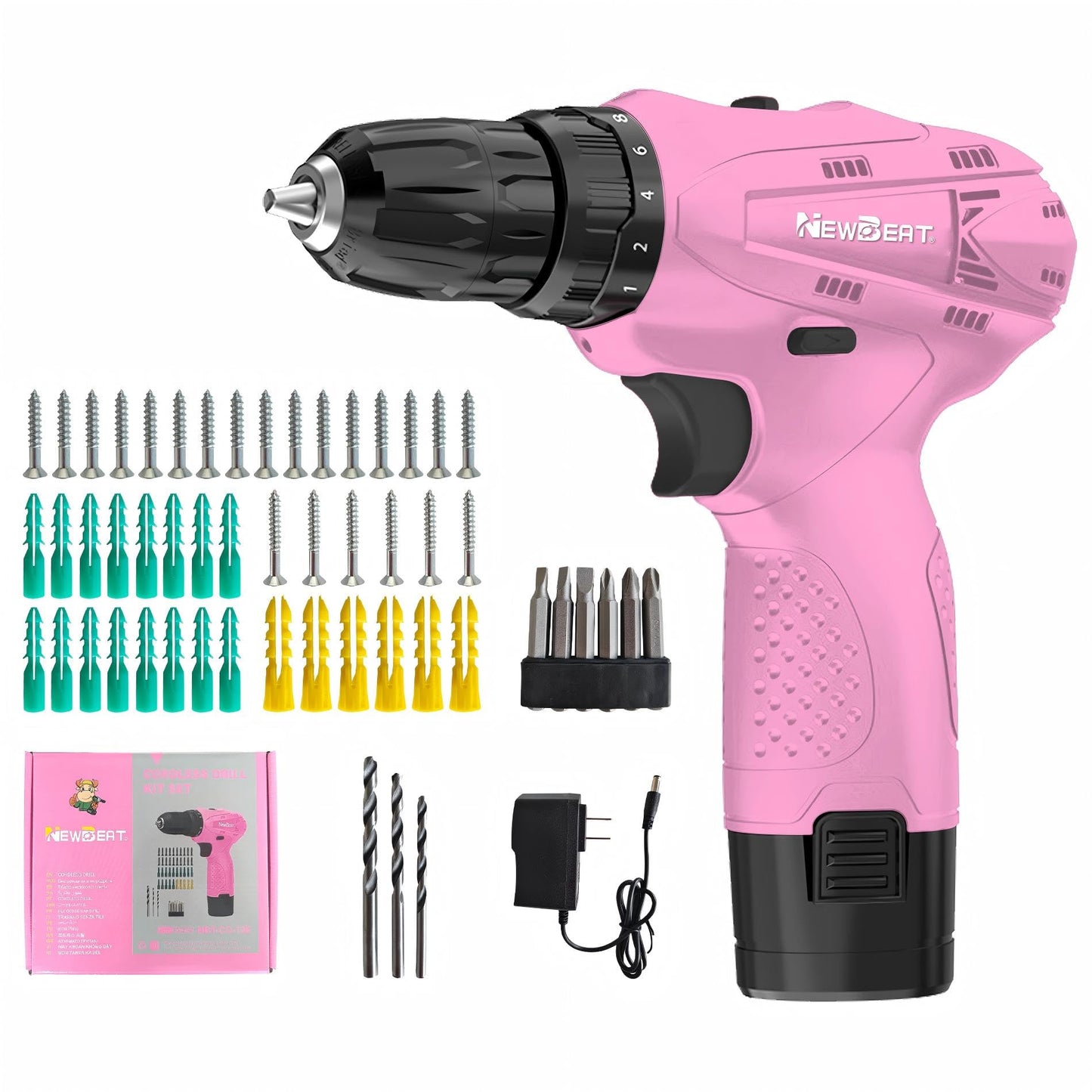 NEWBEAT Pink Cordless Drill Set - 12V Power Drill Cordless with Battery and Charger for Home Improvement, 3/8" Keyless Chuck, 2 Variable Speed, Electric Power Tools for Women DIY