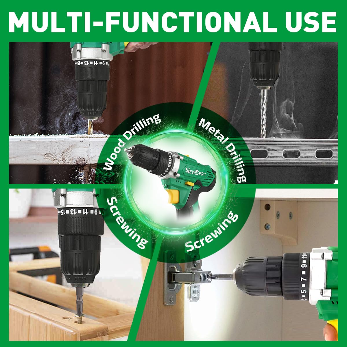 NEWBEAT Cordless Drill Set, 12V Power Drill Driver with 1 Battery and Charger, 3/8" Keyless Chuck, 2 Variable Speed, 15+1 Torque Setting, Drill Driver Kit for Home and DIY Project