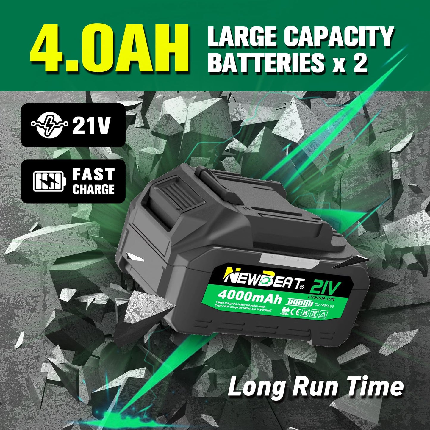 NEWBEAT Cordless Impact Wrench Set - 1/2 inch Impact Gun, Electric Power Impact Driver Max Torque 550 N.m, 21V Brushless, 2*4.0Ah Battery, 2400 RPM Variable Speeds for Car Home DIY, Tire Removal Tool