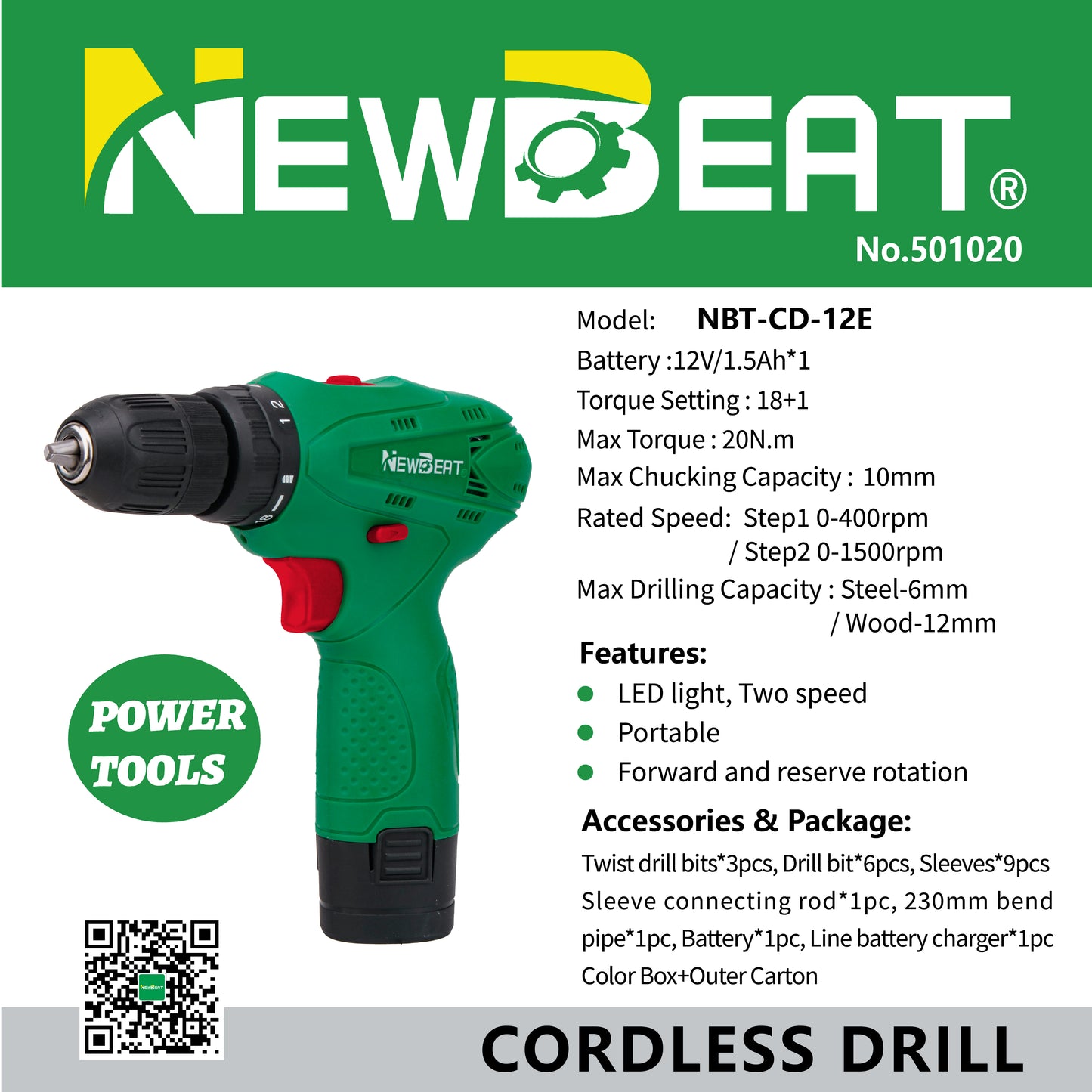 NewBeat 12V 3/8 Variable Speed 18+1 Torque 20N.m Cordless Drill Set with 1 Battery & 1 Charger